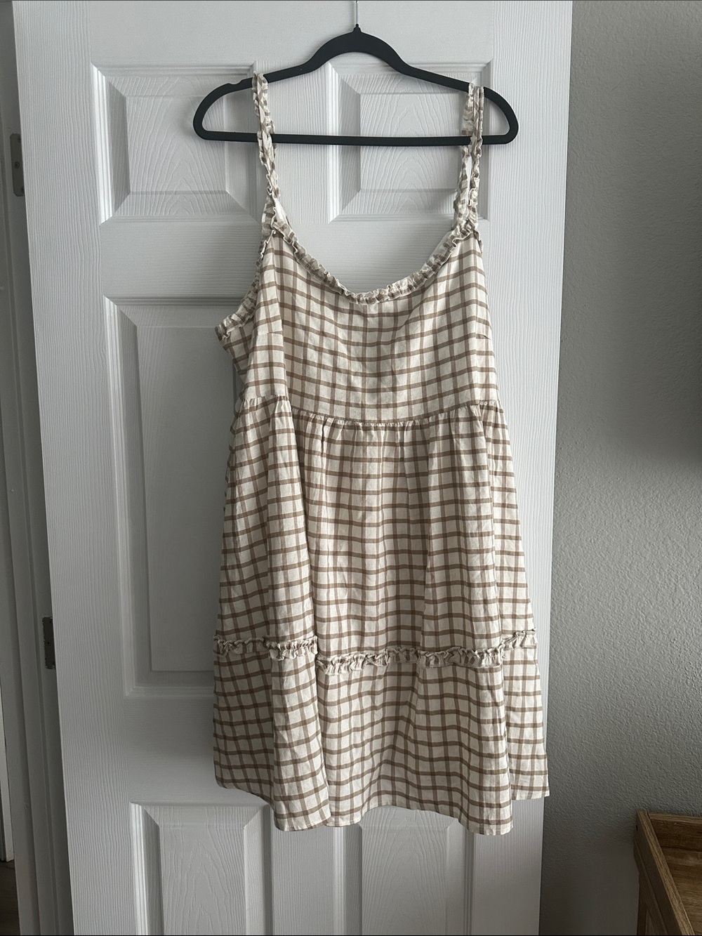 Forever 21 Cream and Light Brown Checked Tiered Mini Dress